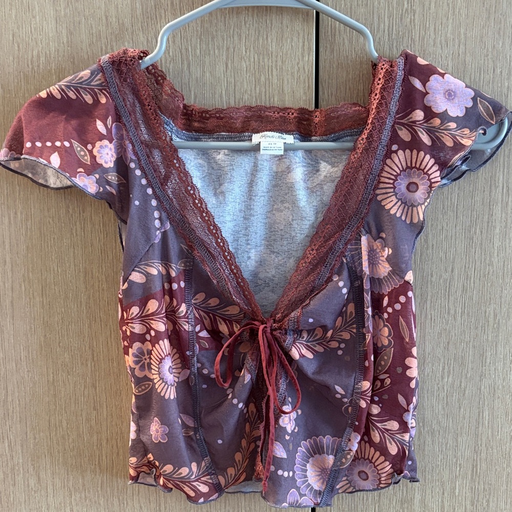 Kimchi Blue Purple and Pink Floral Tie-Front Crop Top